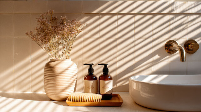 Minimal bathroom interior with handmade ceramic decor, sunlight reflections, clean design, self-care ritual, serene lifestyle