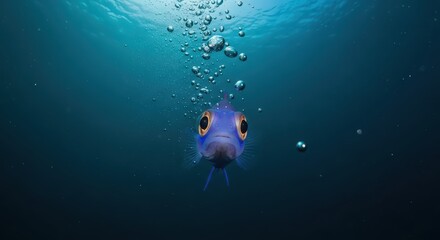 Obraz premium Blue colored fish with big golden eyes underwater. Marine animal swimming deep in ocean with water bubbles. Nature and wildlife concept.