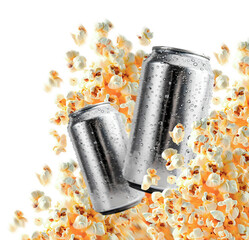 Pipocas e latinhas de refri em movimento dinamico. Combina&ccedil;&atilde;o para filmes e s&eacute;ries em casa, explos&atilde;o salgada e doce