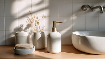Minimal bathroom interior with handmade ceramic decor, sunlight reflections, clean design, self-care ritual, serene lifestyle