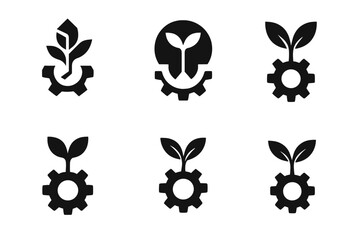 Innovative Growth Logos. Startups and innovation. Set Logo of startups and innovation: seedling growing from a gear base. Icon set. harmonious logo variations