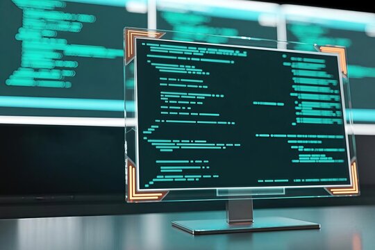 Futuristic Transparent Computer Monitor Displaying Glowing Abstract Coding Data in a Dark High-Tech Control Room Setting, symbolizing digital security and innovation.