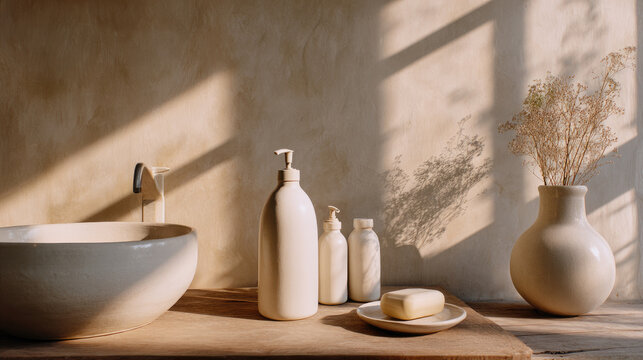 Minimal bathroom interior with handmade ceramic decor, sunlight reflections, clean design, self-care ritual, serene lifestyle