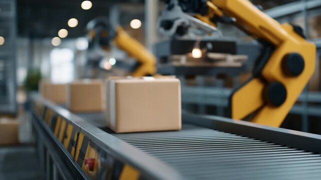 AI-driven logistic robots loading and unloading parcels in a high-tech warehouse, emotion of precision and efficiency visible, representing automated fulfillment centers, intelligent warehouse