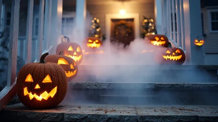 Eerie halloween jacko'lanterns emit spooky fog on porch steps - Powered by Adobe