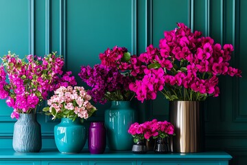A chic workspace decorated with deep teal and fuchsia flowers in stylish vases,