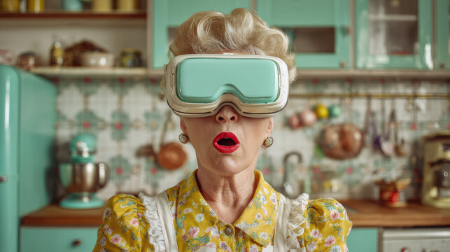Middle-aged woman wearing VR headset in vintage kitchen — amazed expression, retro-tech fusion, pastel minimal background - Powered by Adobe