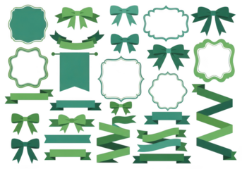 Collection of green bows and ribbons in various shapes and sizes, isolated on transparent background