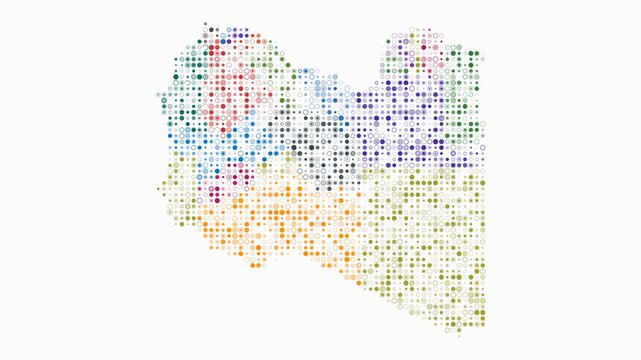 Libya animated country shape. Pulsating colored dots on the map of the country. Small size circle blocks. Digital style Libya map on white background. Awesome animation video.