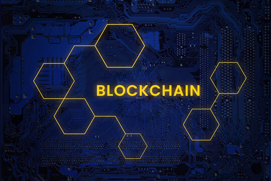 Blue circuit board with glowing hexagonal blockchain network structure and yellow text, symbolizing cryptocurrency, decentralized technology and secure data connection