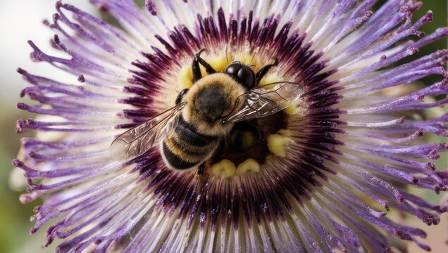 Close-up of a bee pollinating a vibrant purple passion flower in a garden.