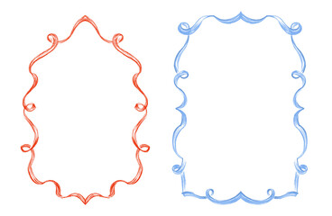 Red and blue whimsical hand-drawn frames with playful, charming, festive ribbon swirls for greeting cards, wedding invitations, posters, and holiday designs