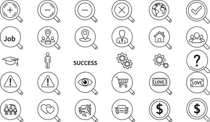 Comprehensive Search Icon Set Job Success Career Finding Opportunity Searching Information Website Graphic Element Magnifying Glass Collection