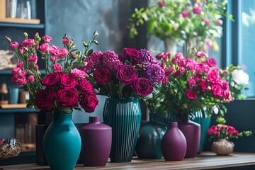 A chic workspace decorated with deep teal and fuchsia flowers in stylish vases,