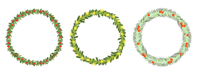 Set of cute whimsical Christmas wreaths drawn with colored pencils, simple festive greenery wreath illustrations for holiday cards and decorations