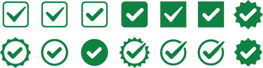 Green Check Mark Vector Icons Set Illustration for Verification Confirmation Symbol on Transparent Background Design Element