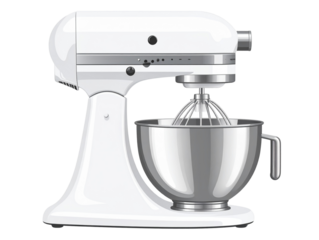 Flat Vector Illustration of White Electric Mixer with Metal Beaters, Minimalist Style