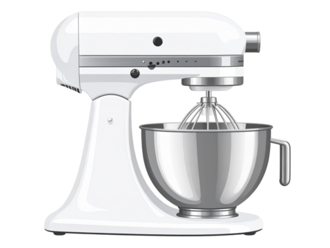 Flat Vector Illustration of White Electric Mixer with Metal Beaters, Minimalist Style