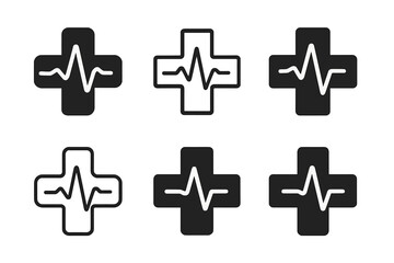 Obraz premium Medical Cross Logos. Medical cross symbol. Set Logo of Medical cross symbol: cross with pulse wave merging through arms. Icon set. harmonious logo variations