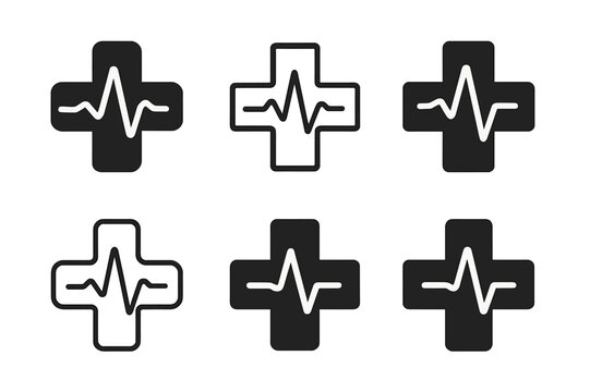 Medical Cross Logos. Medical cross symbol. Set Logo of Medical cross symbol: cross with pulse wave merging through arms. Icon set. harmonious logo variations