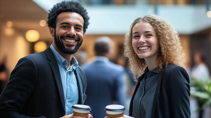 Two professionals holding coffee cups in a modern office setting