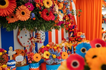 A circus-themed party adorned with bright primary color flowers and playful decor,