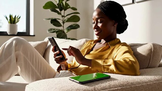 Joyful woman scrolling on smartphone while relaxing on a comfortable modern sofa bathed in warm sunlight, a second phone rests nearby
