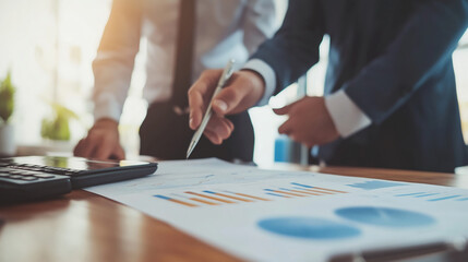 Business professionals analyzing financial documents and graphs in an office