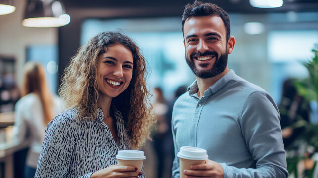 Two smiling people holding coffee cups in a modern office setting