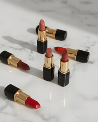 A collection of five lipsticks in various shades, displayed on a marble surface with soft lighting