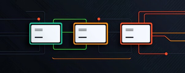 Digital illustration of three white text boxes with orange accents on a dark background, showcasing modern technology and connectivity