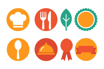 Colorful culinary icons set featuring chef hat, cutlery, leaf, and award ribbons