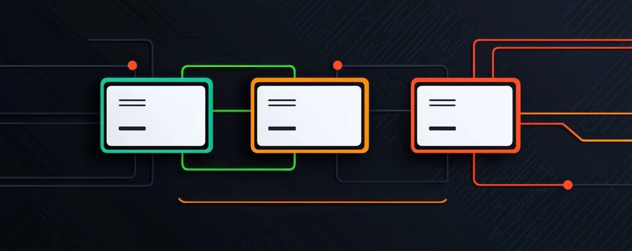 Digital illustration of three white text boxes with orange accents on a dark background, showcasing modern technology and connectivity