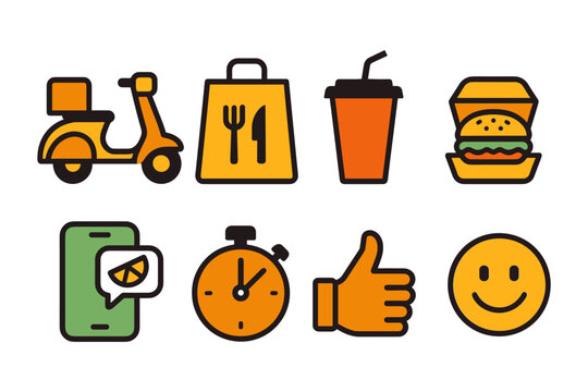 Flat food delivery icons: scooter, burger, drink, stopwatch, thumbs up