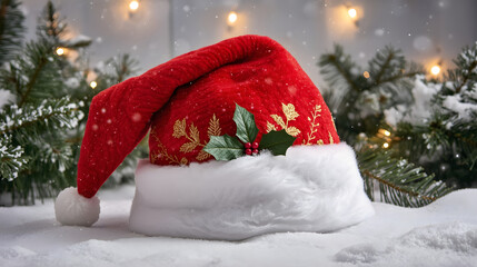 Closeup of a red santa hat with white fur trim and gold holly leaf accents, resting on a snowy surface with blurred festive lights