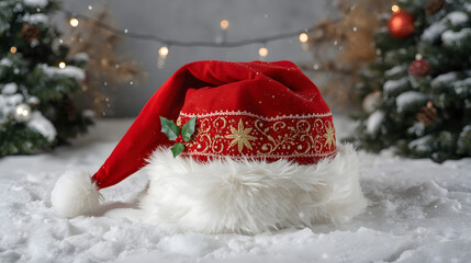 A festive santa hat with white fur trim and gold accents sits on a snowy surface, with blurred christmas trees and lights in the background