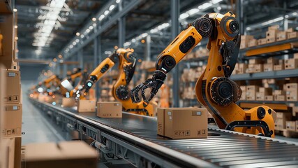 Robots actively sorting and placing packages on conveyor belt in spacious warehouse. Brightly lit environment with organized shelves throughout. Concept of automation, logistics, manufacturing