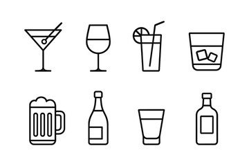 Minimalist outline drink icons: cocktails, wine, beer, whiskey, and bottles