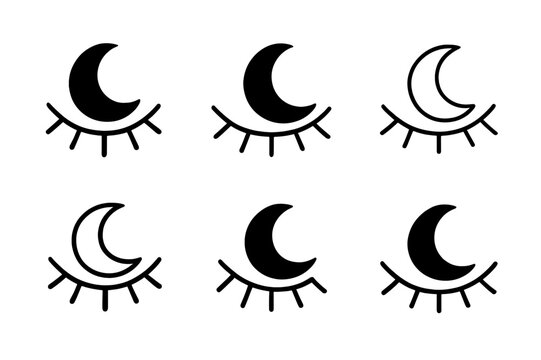 Sleep Emblem Icons. The importance of sleep. Set Logo of the importance of sleep: closed eyelids with crescent moon. Icon set. harmonious logo variations of