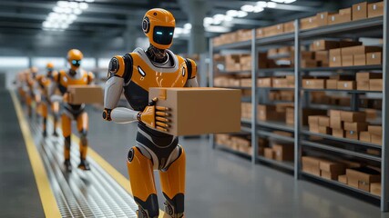 Robots transport boxes through a bright warehouse. Futuristic automation enhances efficiency in logistics. Concept of warehousing, product delivery, technology solutions