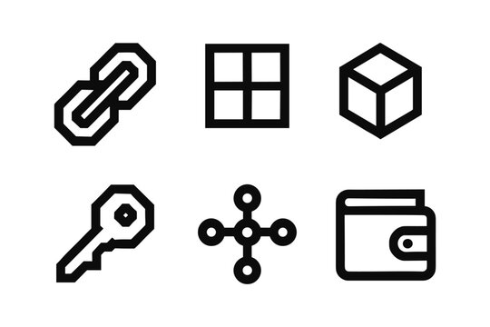 Modern linear icon set featuring key, cube, wallet, and network symbols