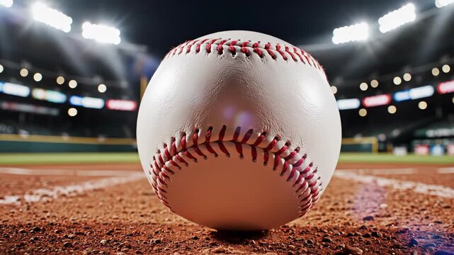 Baseball resting on the pitcher's mound at night