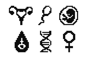 Obraz premium Pixel art icons of reproductive health and biology in monochrome design