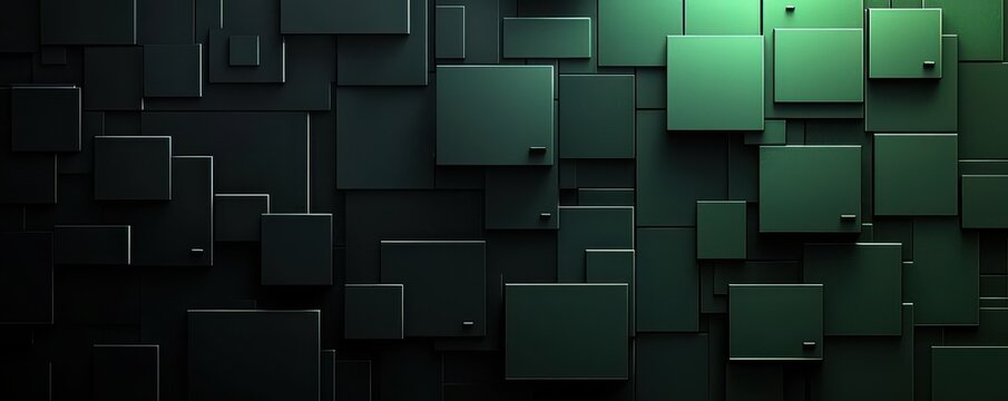 Abstract black and green geometric background with layered squares and rectangles in a futuristic style