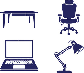 Home Office Icons Desk, Office Chair, Laptop, Desk Lamp