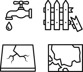 Home Repair Icons Leaky Faucet, Broken Fence, Cracked Tile, Peeling Paint