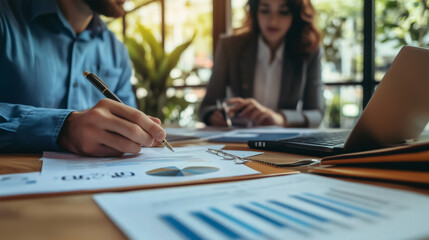 Business professionals analyzing financial documents in an office setting