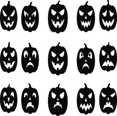 Fifteen eerie carved pumpkin silhouettes with glowing faces against a dark background for Halloween celebration