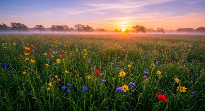 Vibrant wildflowers bloom in a misty meadow at sunrise