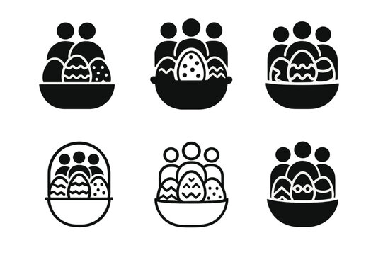 Easter Egg Logos. Decorating Easter eggs as a family. Icon set. Set Logo of decorating Easter eggs as a family: basket of decorated eggs. harmonious logo